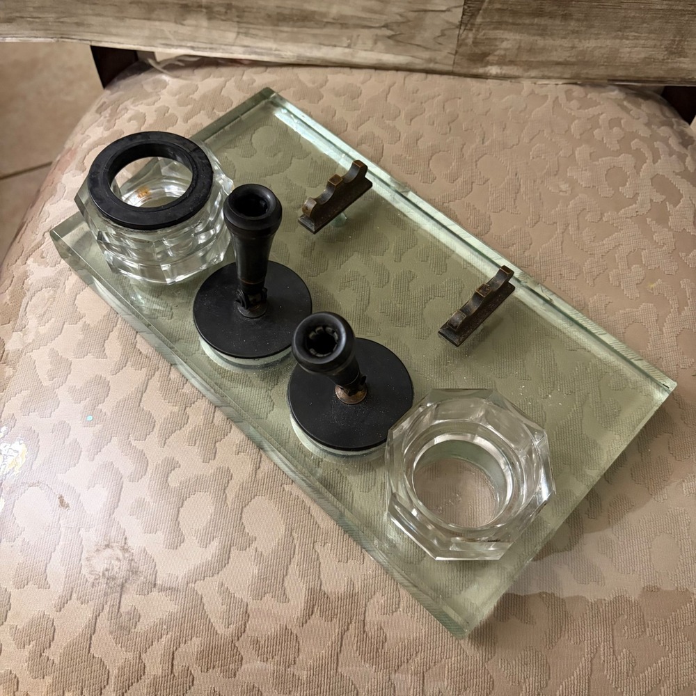 Antique Thick Glass Desk Set Inkwells Swivel Pen Holders Industrial S-18